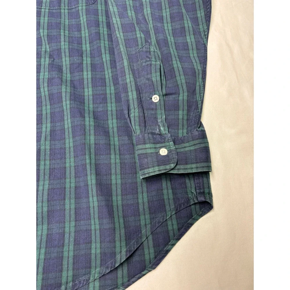 Ralph Lauren Big Shirt Mens Large Green Navy Blue Plaid Cotton Button Down Logo